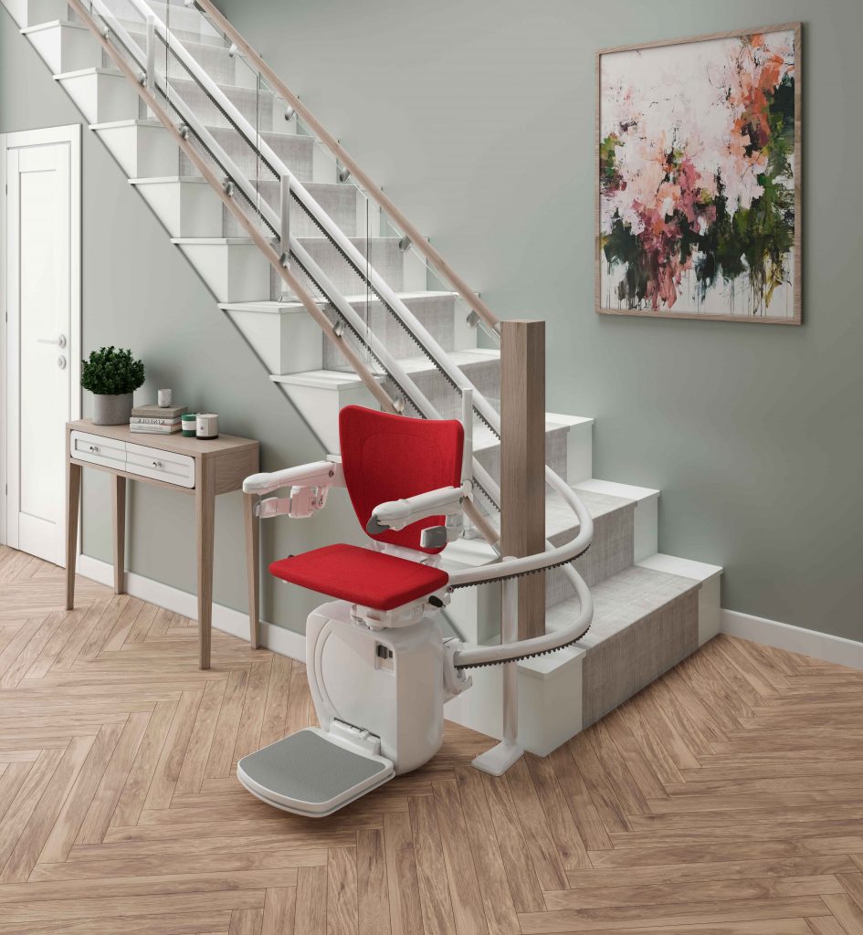 Handicare 4000 Curved Stairlift with ruby red seat